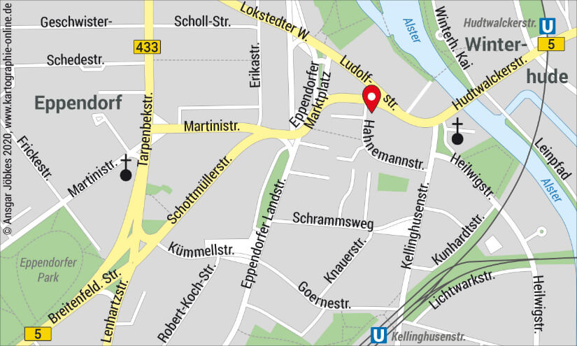Skizze des Anfahrtsweges zu Cummerow Elektro-Anlagen, dem Elektriker in Hamburg-Eppendorf, in der Ludolfstraße 40 (also nahe der Stadtteilgrenze zu Winterhude). Skizze des Anfahrtsweges zu Cummerow Elektro-Anlagen, dem Elektriker in Hamburg-Eppendorf, in der Ludolfstraße 40 (also nahe der Stadtteilgrenze zu Winterhude).